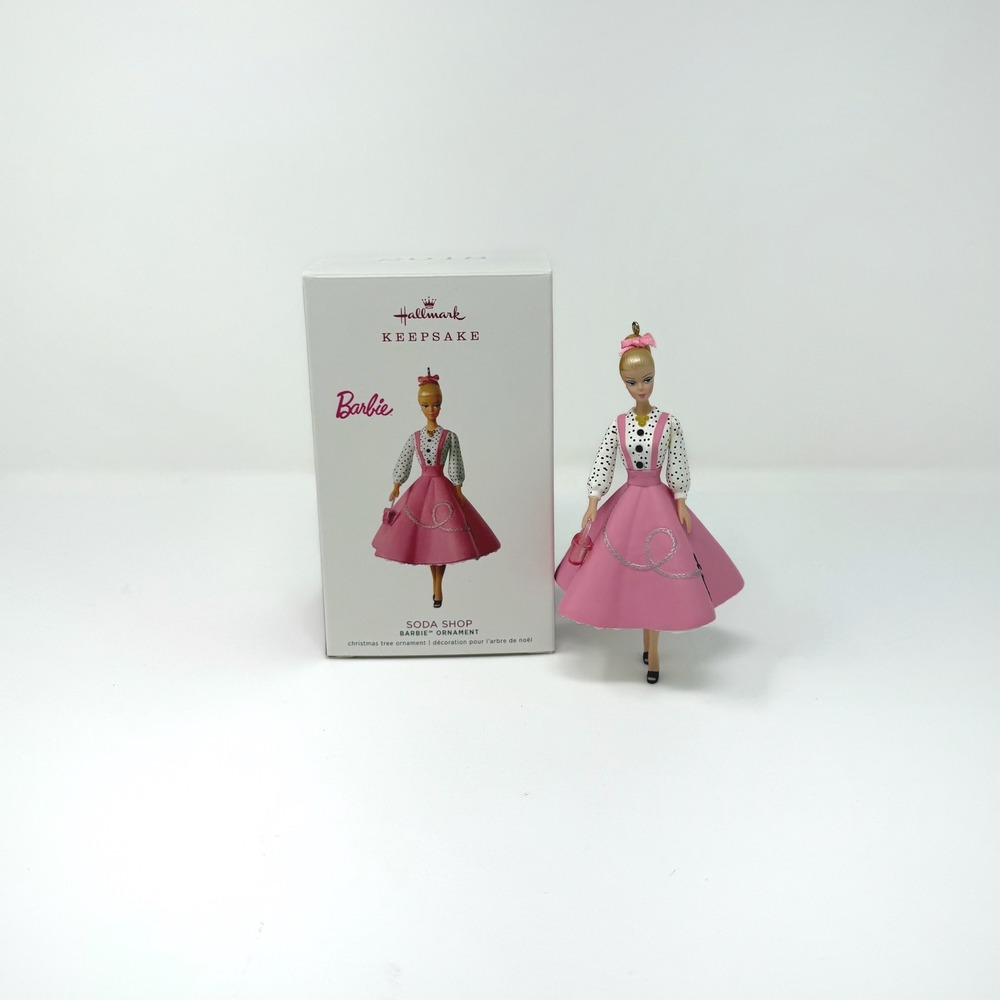 2018 Hallmark Keepsake Soda Shop Barbie Ornament Pink Poodle Skirt Box